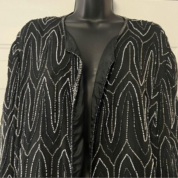 Vintage Black Silk Beaded sequin Special Evening Holiday Relaxed Fit jacket 2X - Picture 2 of 10